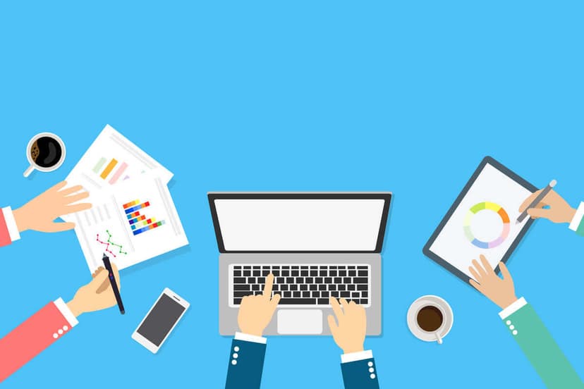 Vector with copy space of young businessman working with team on creative idea project for analyzing company financial strategy.