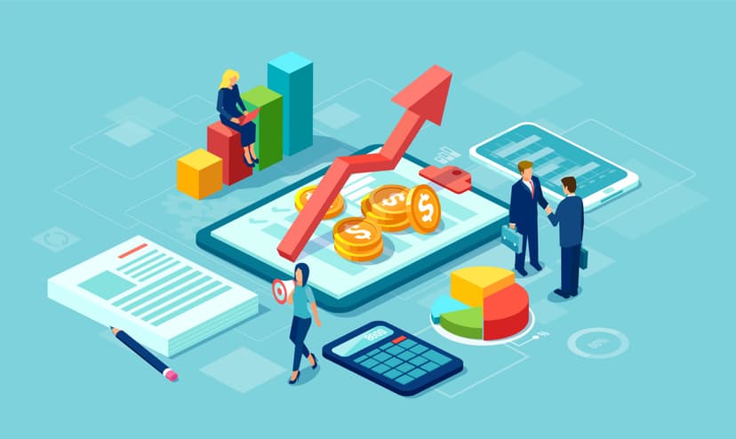 Vector of data analysis concept with team of businesspeople growing successful business