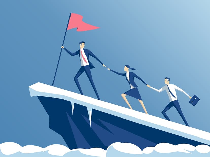 Business,People,Climb,To,The,Top,Of,The,Mountain,,Leader