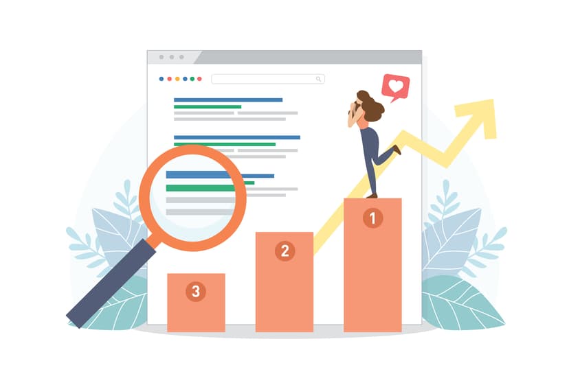 Happy,Woman,Stand,On,Seo,Top,Ranking,Dock.,Google,Search